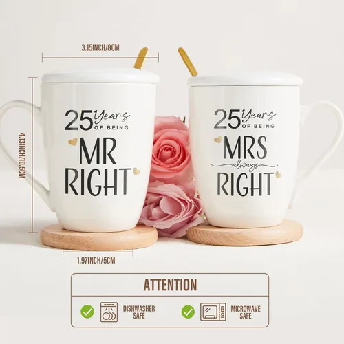 Miniatura 3 de AW BRIDAL Juego de 2 tazas de café novedosas para el 25º aniversario de boda, regalo de Navidad, para el señor y la señora, de 12 onzas, regalos