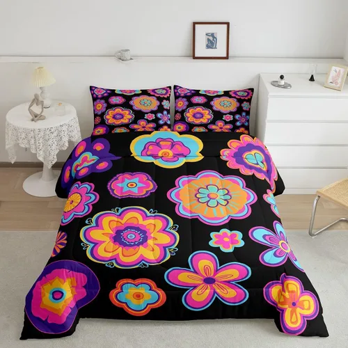 Miniatura 17 de Juego de ropa de cama con estampado floral bohemio, tamaño individual, diseño retro de flores groovy, 60S y 70S, juego de edredón de flores hippie