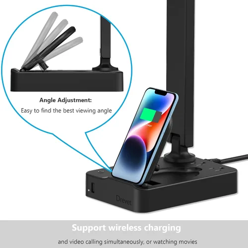 Miniatura 7 de Drevet Lámpara de escritorio LED con cargador inalámbrico, luz de mesa de escritorio con puerto de carga USB y 2 tomas de corriente, 3 modos