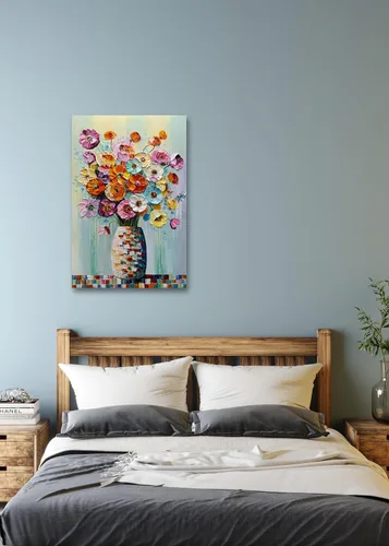 Miniatura 7 de V-inspire Arte, pintura al óleo moderna pintada a mano de 30 x 45 pulgadas, ramo completo de flores, lienzo acrílico abstracto, decoración de pared