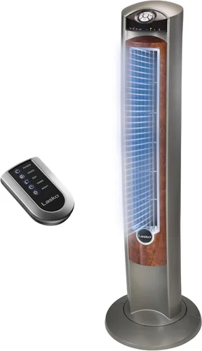 Lasko Ventilador de torre oscilante con control remoto, ventiladores de piso silenciosos para dormitorio, 42 pulgadas, grano de madera y gris, T42954