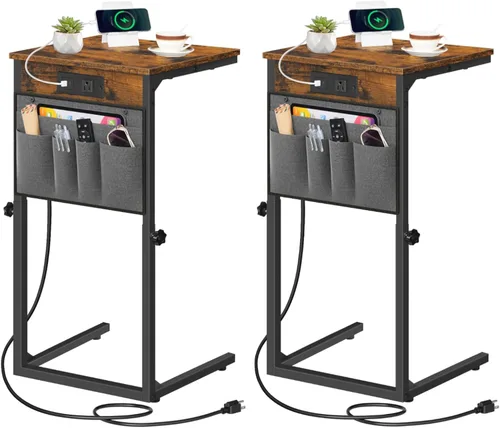 Miniatura 10 de HOOBRO Mesa auxiliar en forma de C con estación de carga, mesa auxiliar de sofá de altura ajustable de 30 pulgadas con bolsillo de almacenamiento