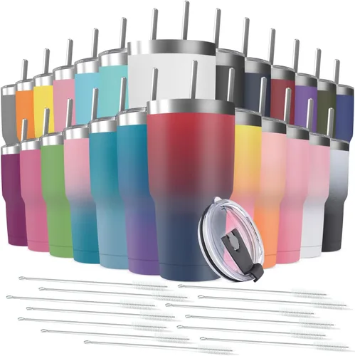 Miniatura 13 de Taza de viaje de acero inoxidable de 30 onzas con tapa, paquete de 6 vasos de doble pared aislados al vacío a granel con 6 pajitas, taza de café