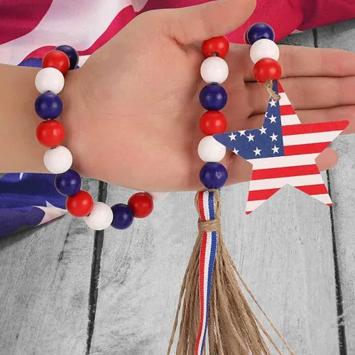 Miniatura 3 de CYee Guirnalda patriótica de cuentas de madera del 4 de julio con borlas rústicas para colgar en la pared con bandera americana con etiqueta