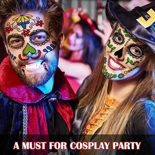 Miniatura 7 de Kit de maquillaje de tatuajes faciales del Día de los Muertos, paquete de 10 tatuajes temporales para Halloween, calavera de azúcar, rosas rojas