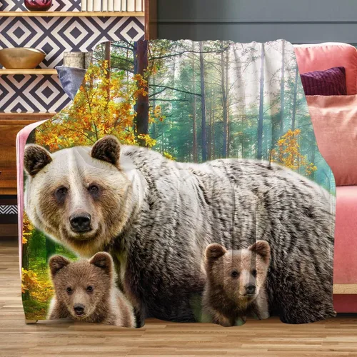 Manta de Forro Polar de 80"x60", Suave, Acogedora, Cálida, Difusa, Manta de Franela de Felpa, Familia de Osos Pardos en el Bosque, Manta para Sofá,