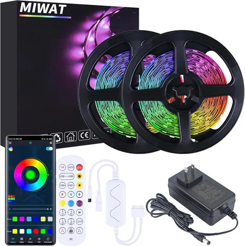 Miheal Tira de luces LED de 32.8 pies 5050 RGB LED que cambia de color para dormitorio, escritorio, decoración del hogar, con control remoto y
