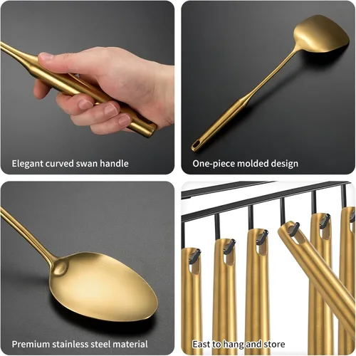 Miniatura 5 de Juego de utensilios de cocina de acero inoxidable 304 mate, 11 piezas de utensilios de cocina de metal largo con espátula, cuchara, cucharón, Dorado