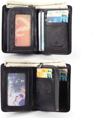 Miniatura 16 de Billetera para hombre con cremallera de cuero genuino RFID tarjeteros de piel de vaca con cremallera bolsillo para monedas, carteras plegables