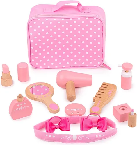 Bigjigs Toys Estuche de madera para niños, kit de tocador de 11 piezas y accesorios con bolsa de transporte de lunares rosados, juguete ideal para