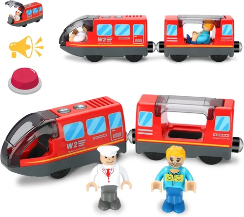 Juego de tren a pilas para vías de tren de madera (con sonido y conexión magnética), potente juego de tren locomotora de acción que se adapta a las