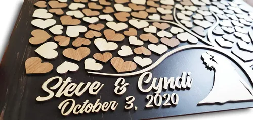 Aşk Aynası Libro de invitados de boda 3D hecho a mano y pintado a mano, árbol de madera alternativo y corazones personalizados (150 corazones,