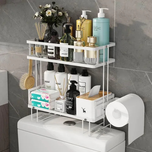 Miniatura 9 de Godboat Organizador de baño, almacenamiento sobre el inodoro, estantes flotantes con 2 ganchos, estante montado en la pared, detrás y encima