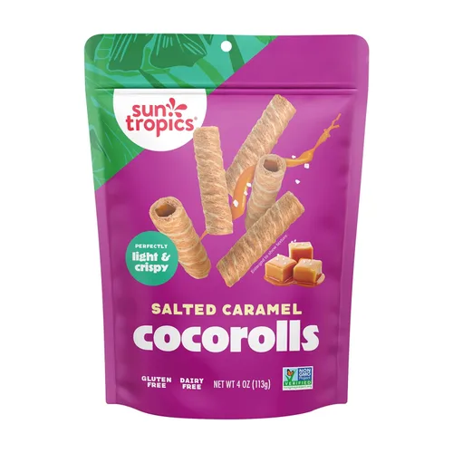 Sun Tropics CocoRolls Sabor a caramelo salado de 4 onzas | Galletas de oblea enrolladas crujientes, rollos de coco hechos con crema de coco pura |