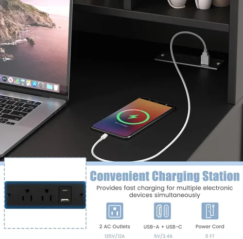Miniatura 5 de COSTWAY Escritorio con puertos de carga USB y tomas de corriente, escritorio de computadora de 48 pulgadas con cajones y gabinete de 5
