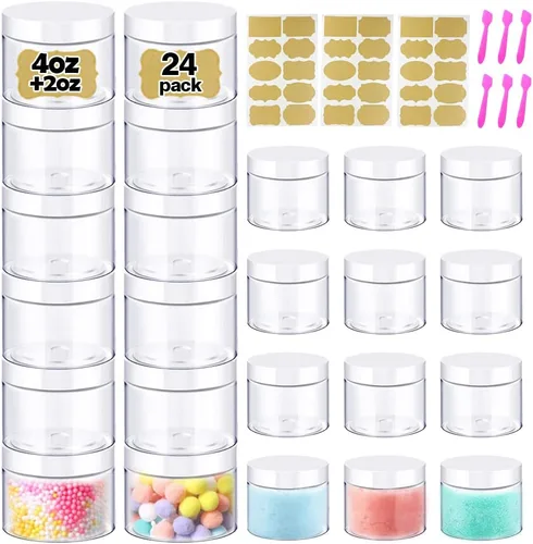 Recipientes de mantequilla corporal de 4 onzas con tapas + recipientes pequeños de plástico de 2 onzas con tapa (juego de 24) tarros de plástico con