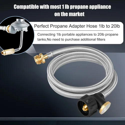 Miniatura 9 de Adaptador de manguera de propano de 12 pies de 1 libra a 20 libras con calibre, adaptador de manguera de propano trenzado de acero inoxidable