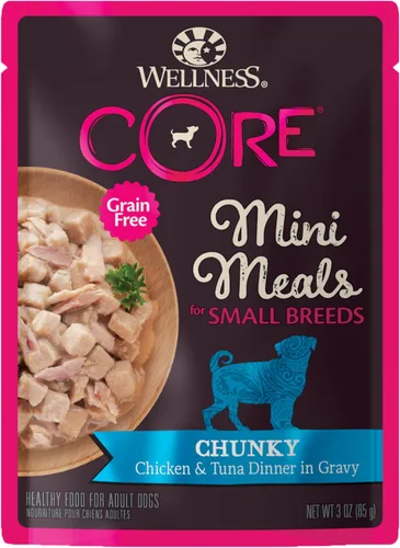 Miniatura 10 de Wellness CORE - Mini comidas naturales para razas pequeñas, sin granos, comida húmeda para perros, pollo rallado y pavo en salsa, bolsa de 3 onzas