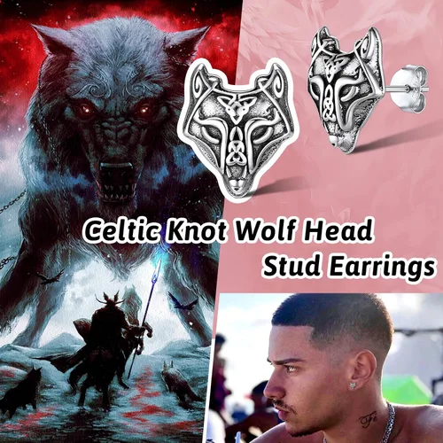 Miniatura 2 de FaithHeart Norse Vikingo Jewelry - Aretes de tuerca de plata de ley de acero inoxidable, lobo celtamartillo de Thors para mujeres y hombres, Acero