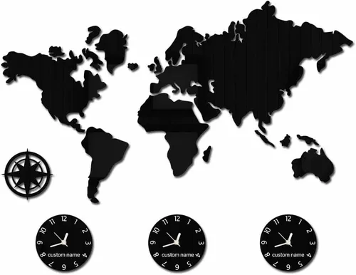 The Geeky Days Reloj de pared grande con mapa del mundo, zona horaria personalizada, funciona con pilas, silencioso, sin tictac, decoración de pared