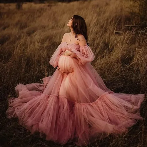 Miniatura 7 de Vestido de tul para baby shower, con volantes, vestido de maternidad para sesión de fotos, manga larga, vestidos de maternidad para sesión de fotos