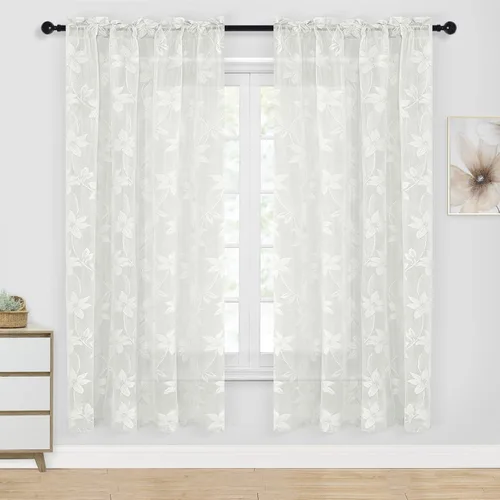 Miniatura 59 de DWCN Paquete de 2 cenefas de encaje floral para cocina, 52 x 18 pulgadas, con bolsillo para barra, cortina de gasa para ventana pequeña, cocina