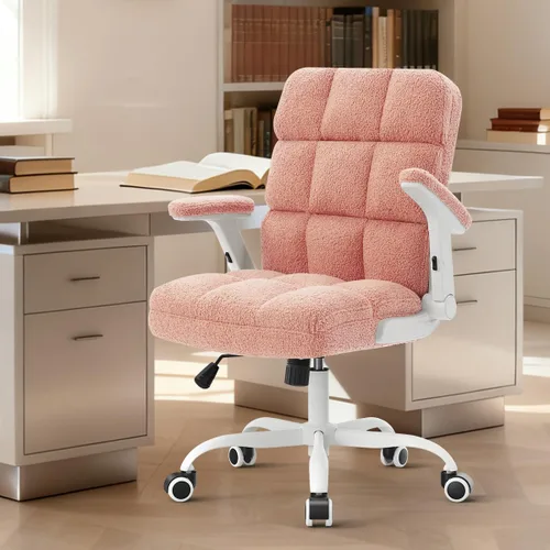 Miniatura 9 de SEATZONE Silla de oficina rosa ergonómica con ruedas, silla de escritorio para computadora de felpa sintética, silla de oficina cómoda para mujeres