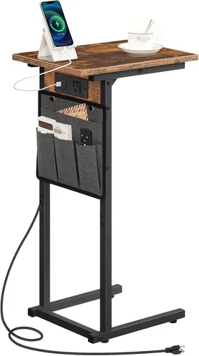HOOBRO Mesa auxiliar en forma de C con estación de carga, mesa deslizante debajo del sofá, mesa auxiliar de 27.8 pulgadas de alto para brazo de sofá