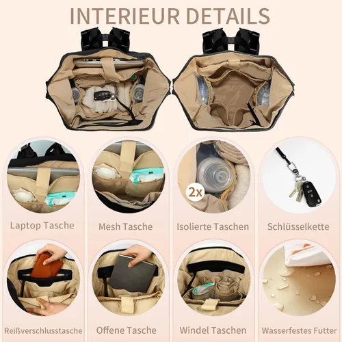 Miniatura 3 de Omanmoli Mochila para pañales, bolsa grande de neopreno para niños y niñas con 15 organizadores de bolsas de pañales, 2 bolsillos aislados, Negro