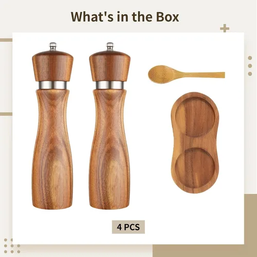 Miniatura 5 de Molinillo de pimienta de madera de acacia de 8 pulgadas con anillo de acero, juego de molinillo de sal y pimienta con cuchara y base, regalo