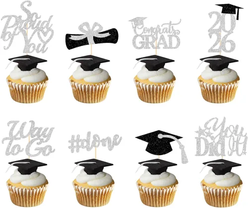Miniatura 13 de Decoraciones de graduación 2026 azul, adornos para cupcakes de graduación 2026 azul y negro, suministros de decoración para cupcakes clase de 2026