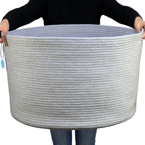 Miniatura 12 de Casaphoria - Canasta tejida con cuerda de algodón 3XL de 22 x 22 x 14 pulgadas, para sala de estar, mantas, ropa sucia, con asa (paquete de 1)
