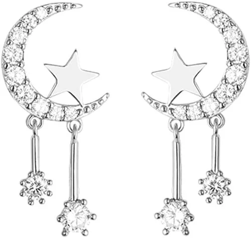 Reffeer 925 Sterling Silver Crescent Moon Star Earrings Studs for Women Teen Girls CZ Moon Studs Earrings Star Tassel Earrings