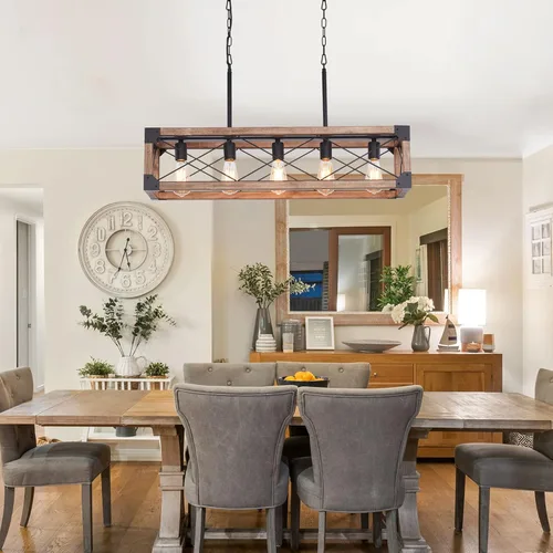 Miniatura 2 de Iluminación de Isla de Cocina Estilo Granja, Lámpara de Comedor de 5 Luces, Candelabro Lineal Estilo Granja con Madera Maciza para Comedor Cocina