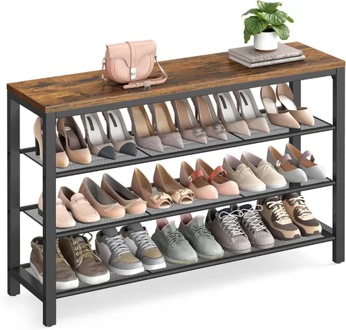 Miniatura 9 de VASAGLE Zapatero de 4 niveles, organizador grande de almacenamiento de zapatos para armario, entrada, 15-20 pares, con 3 estantes de malla metálica