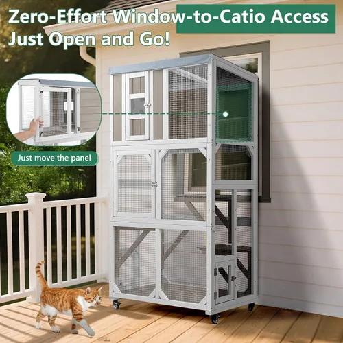 Miniatura 4 de Catio - Caja para gatos para exteriores con ruedas y techo resistente a la intemperie, ventana grande de 63 pulgadas con 3 plataformas, cúpula