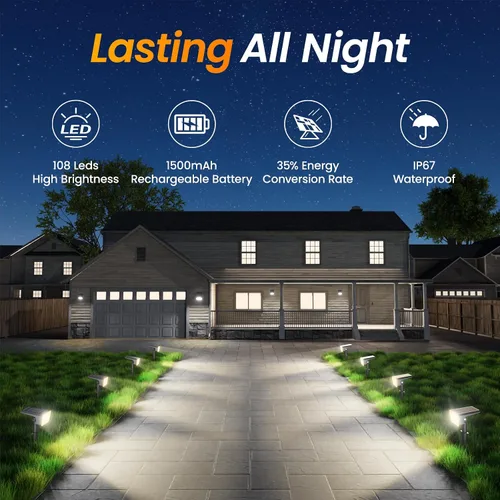 Miniatura 7 de Fabrito Paquete de 4 focos solares para exteriores, impermeables, IP67, [108 LED, 4 modos], focos del atardecer al amanecer con batería de 1500 mAh
