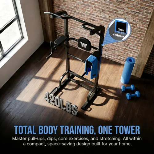 Miniatura 7 de BARWING Estación de barra para dominadas, torre de potencia, estación de fondos con respaldo 3D, soporte rack de entrenamiento de fuerza P007C-B