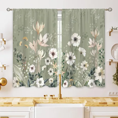 Miniatura 11 de Cortinas de cocina pequeñas de montaña abstracta verde azulado, tratamiento de ventana de montaña, naturaleza, puesta de sol, paisaje, cafetería