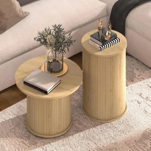 Miniatura 8 de Juego de 2 mesas de centro redondas de madera para sala de estar, mesas de centro anidadas circulares acanaladas para apartamentos, espacios Roble
