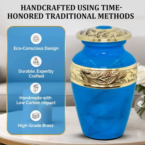 Miniatura 6 de Urnas pequeñas para recuerdo de cenizas humanas, urna conmemorativa azul hecha a mano con acento de latón, mini urna de recuerdo para hombres