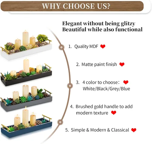 Miniatura 7 de Hanobe Bandeja larga para centro de mesa: bandejas estrechas decorativas portavelas de madera, bandeja de centro de mesa con asas para decoración