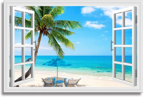 Woxfcart Arte de pared de palmera de playa, imagen de escena del océano con impresiones de ventana para decoración de sala de estar azul y verde