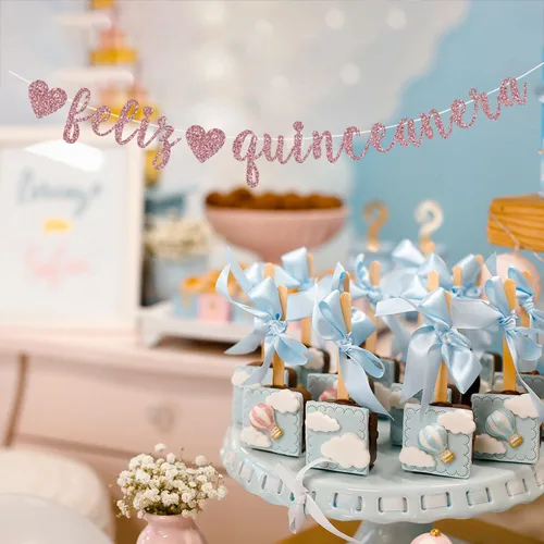 Miniatura 5 de Cartel de Feliz Quinceañera, oro rosa con purpurina Happy Quinceañera/Princesa De Quince/Mis Quince 15, suministros de decoración de fiesta