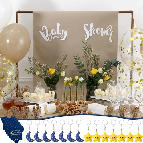 Miniatura 7 de Huquary 150 piezas de regalos de fiesta de baby shower, luna estrella, llaveros Twinkle Twinkle Little Star Baby Shower Favor, tarjetas