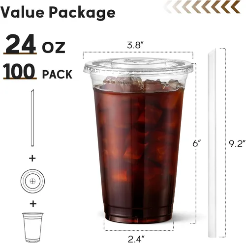 Miniatura 2 de AOZITA Paquete de 100 vasos de plástico desechables de 24 onzas con tapas y pajitas, tazas de café helado transparentes para bebidas frías, batidos