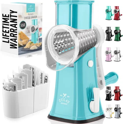 Miniatura 39 de Zulay Kitchen Rallador rotativo de queso de 5 cuchillas, rallador de queso manual de manivela con succión reforzada y 5 tambores intercambiables