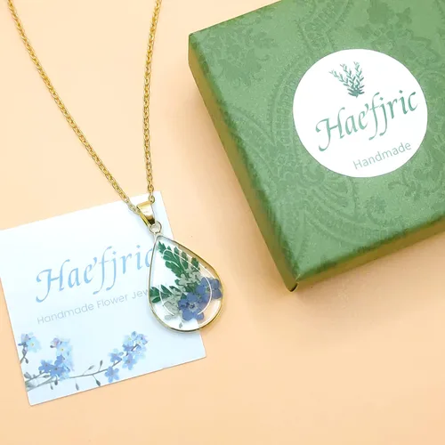 Miniatura 55 de Collar de flores silvestres prensadas con encaje de Forget-Me-Not y Queen Anne Collar de flores prensadas de oro Collares hechos a mano