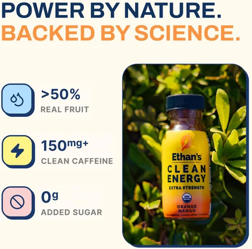 Miniatura 4 de Ethan's Organic Clean Energy Shots Orange Mango, sin azúcar, natural preentrenamiento, refuerzo de concentración sin gluten, vegano, vitamina C B6