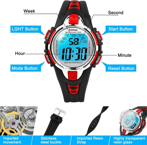 Miniatura 6 de Edillas Relojes digitales para niñas y niños, reloj de pulsera de 7 colores para niños, impermeable, deportivo, al aire libre, multifuncional